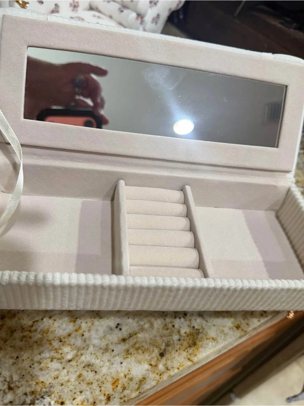Miniature Striped Cream and White Accent Loveseat Sofa Jewelry Box